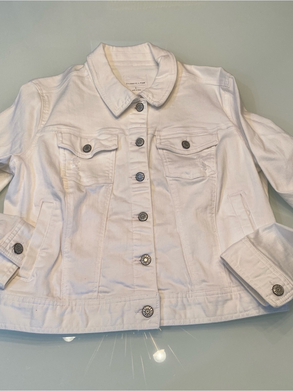 Celebrity Pink White Distressed Denim Jacket Button Front Jean Jacket Women Larg